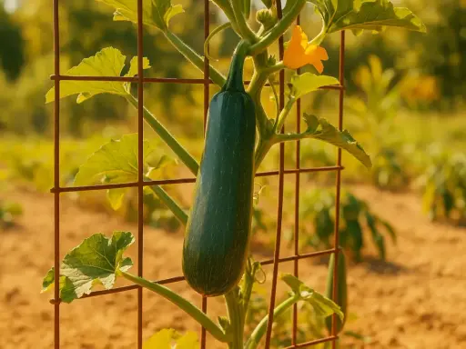 Courgette verte suspendue à un treillage, une méthode astucieuse pour cultiver courgette en hauteur. Une fleur jaune épanouie à proximité.