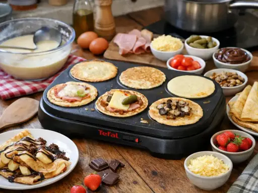 Préparation d'une recette pâte à crêpe party Tefal : crêpes salées et sucrées garnies, avec fraises et chocolat.