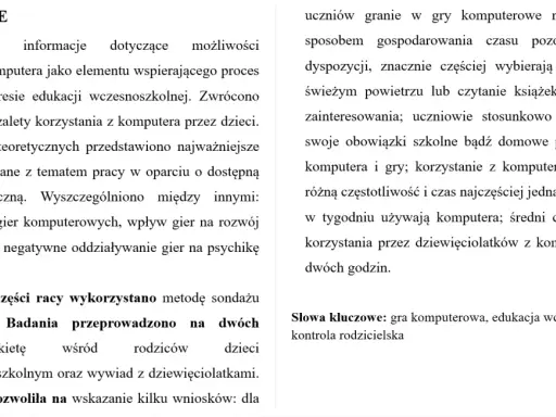 Streszczenie pracy o grach komputerowych i edukacji wczesnoszkolnej. Jak napisać streszczenie? Analiza wpływu gier na dzieci i kontrola rodzicielska.