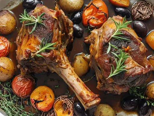 Dos jugosas patas de conejo al horno, doradas y tiernas, acompañadas de patatas asadas, tomates cherry y aceitunas negras.