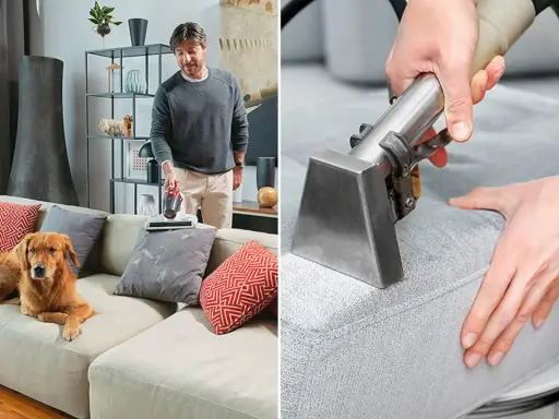 Un hombre aspira un sofá con un perro golden retriever. Otra imagen muestra una herramienta de limpieza de tapicería en acción, demostrando cómo limpiar sofá.