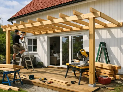 Man bygger en pergola på altanen. Träbjälkar monteras på husfasaden. Verktyg och material ligger utspritt.