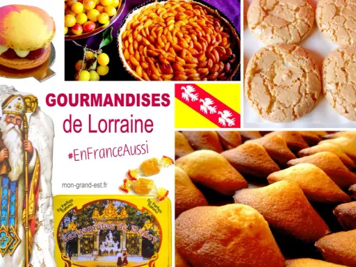 Collage de douceurs lorraines : macaron, tarte aux fruits, meringues, madeleines, bonbons et Saint-Nicolas.
