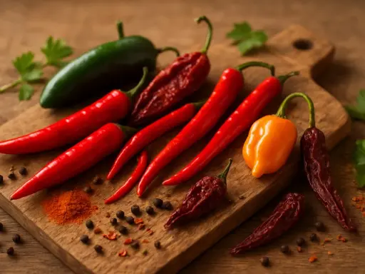 Un assortiment de piments frais et séchés, dont des piments rouges longs, un piment vert, un piment orange et des piments séchés foncés. Une pincée de poudre de piment et des grains de poivre parsèment la planche à découper en bois.