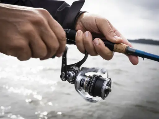 Händer som håller i ett fiskespö med en rulle, redo för fiska i Sverige. Vattnet glittrar i bakgrunden.