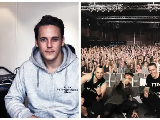 Två medlemmar av Dead by April, en i studio och en på scen framför en jublande publik.