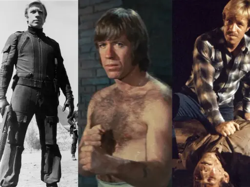 Chuck Norris i tre scener från filmer och tv-program. Han syns i actionkläder med vapen, barbröstad och i en rutig skjorta över en liggande person.