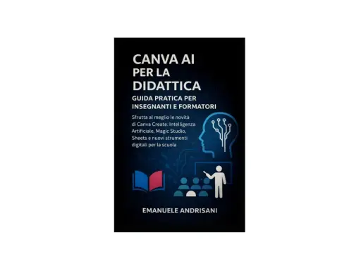 Copertina libro "Canva AI per la Didattica": guida pratica per docenti con icone di un cervello stilizzato, libro aperto e classe.