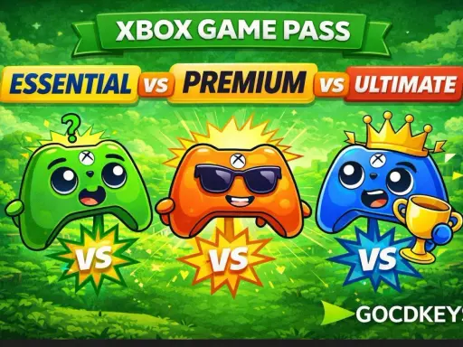 Porównanie Xbox Game Pass: Essential vs Premium vs Ultimate. Trzy kontrolery w kreskówkowym stylu, każdy reprezentuje inny poziom usługi.