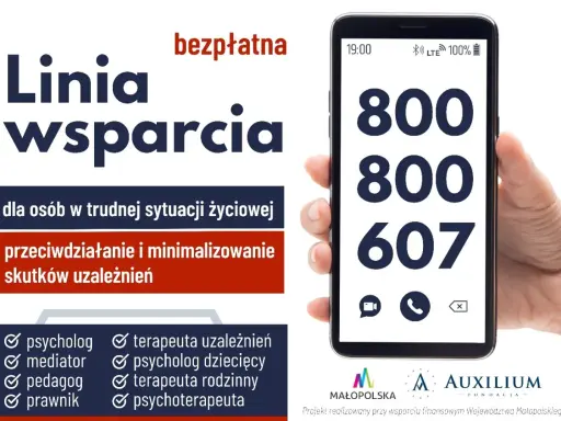 Bezplatna linia wsparcia 800 800 607. Gdzie zgłosić alkoholika na leczenie? Pomoc psychologiczna, mediacje, pedagog, prawnik, terapeuta uzależnień.