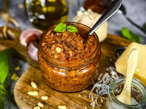 Ein Glas mit leuchtend rotem Pesto, garniert mit Basilikum. Daneben Pinienkerne, Knoblauch und ein Stück Parmesan.