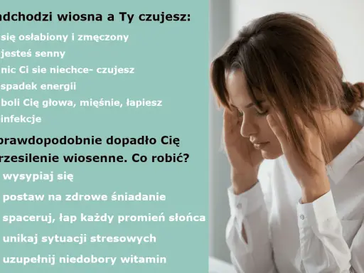 Kobieta z bólem głowy, czuje osłabienie, senność i spadek energii. To objawy przesilenia wiosennego.