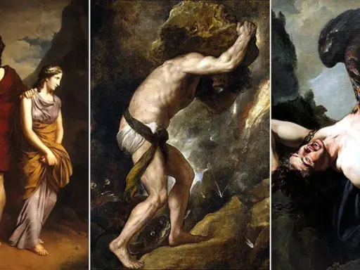 Trois scènes de la mythologie grecque : un couple, Sisyphe poussant son rocher, et un homme torturé par un aigle.