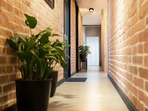 Przedpokój loft inspiracje: ceglane ściany, jasna podłoga, czarne drzwi i zielone rośliny tworzą przytulną przestrzeń.