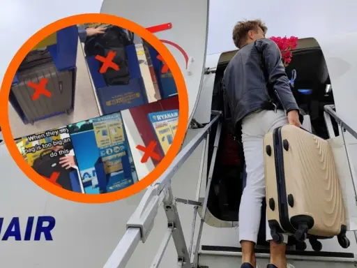 Mężczyzna z walizką wchodzi po schodach do samolotu Ryanair. W kółku widać walizki z czerwonymi krzyżykami.