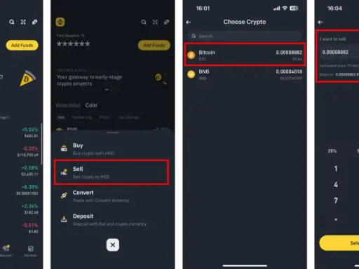Jak sprzedawać kryptowaluty: aplikacja pokazuje kroki do sprzedaży Bitcoina. Wybierz "Sell", wpisz kwotę i metodę odbioru.