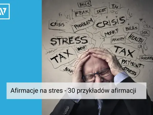 Mężczyzna z rękami na głowie, otoczony słowami związanymi ze stresem: "STRESS", "TAX", "CRISIS".