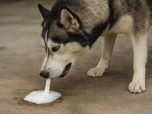 Pies rasy husky je trawę i wymiotuje pianą.
