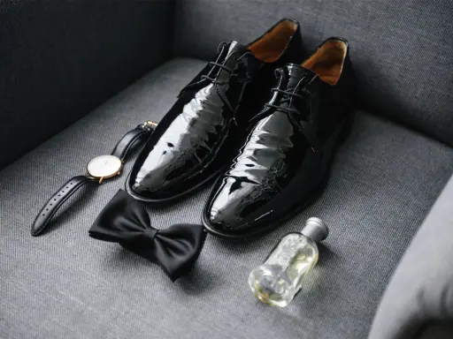 Shiny black patent leather shoes to wear with tuxedo, a bow tie, watch, and cologne are laid out on a grey couch.
