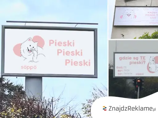 Reklama teaserowa z uroczymi pieskami. "Pieski, pieski, pieski" i "Każdy piesek to cud" zachęcają do odkrycia czegoś więcej.