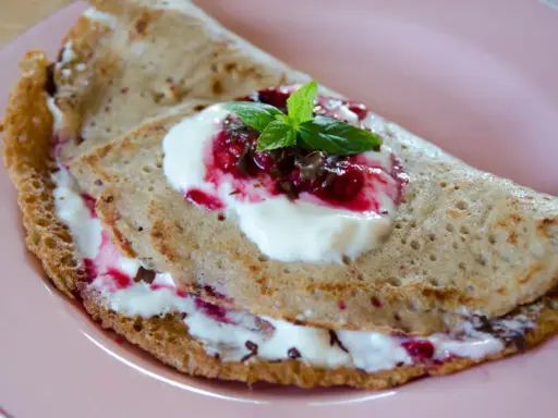 Vegane Pfannkuchen mit Joghurt, Beeren und Minze. Ein köstliches Rezept für vegane Pfannkuchen, das man unbedingt ausprobieren muss!