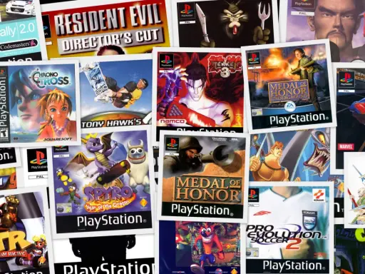 Kolekcja okładek gier na PS1: Crash Team Racing, Spyro, Tekken 3, Medal of Honor, Spider-Man i inne klasyki.