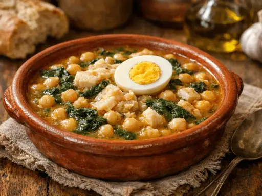 Garbanzos con bacalao, una receta tradicional servida en cazuela de barro, coronada con huevo duro.