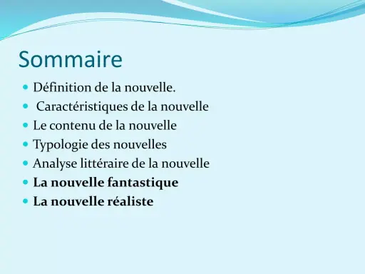 Sommaire d'un cours sur la nouvelle, incluant la définition, les caractéristiques, le contenu, la typologie, l'analyse, et spécifiquement la nouvelle fantastique et la nouvelle réaliste.