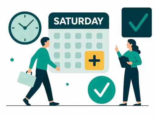 Mężczyzna z teczką idzie do kalendarza z napisem "SATURDAY", gdzie zaznaczono dodatkowy dzień pracy. Nadgodziny w sobotę są faktem.