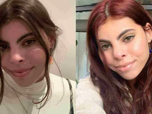 Antes y después: cómo quitar un tinte rojo para poner un castaño. Mujer con cabello castaño y luego con cabello rojo.