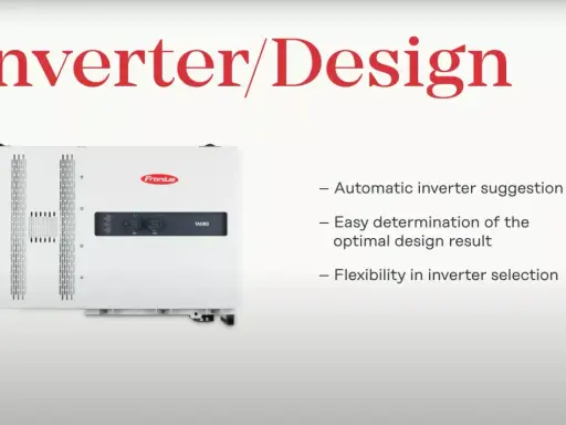 En vit Fronius växelriktare visas, med texten "Inverter/Design" ovanför.