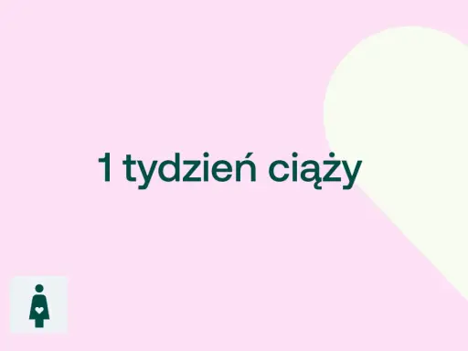 1 tydzień ciąży. Delikatny różowy tle z sercem. Dwa małe kwadraty z ikonami D+ i kobiety w ciąży.