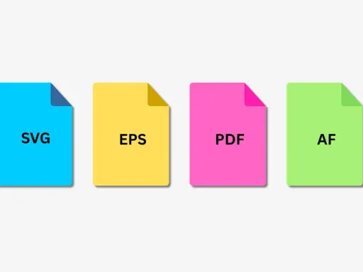 Cuatro iconos de archivos: SVG, EPS, PDF y AF. Cada uno en un color diferente, representando el formato vectorial imagen.