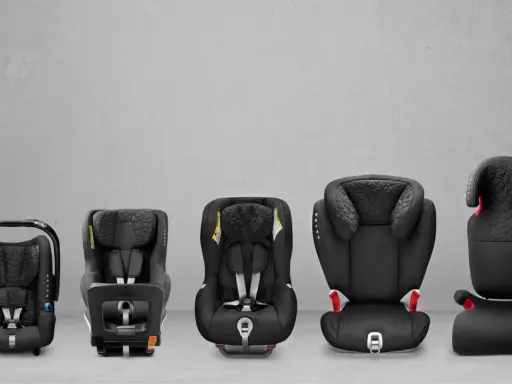 Five black car seats of varying sizes are displayed in a row against a grey concrete background.