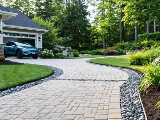 Allée sinueuse en pavés pour le revêtement sol extérieur voiture, bordée de galets et de verdure luxuriante.