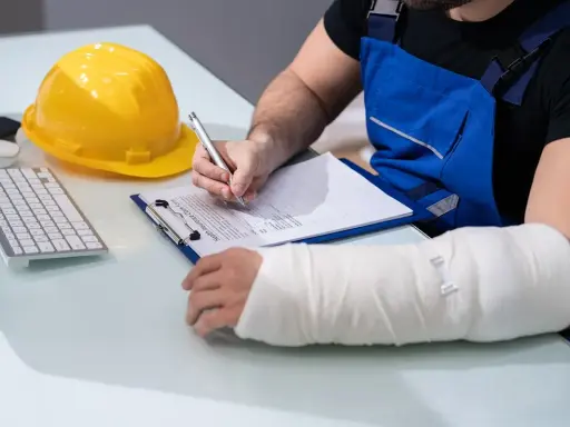 Pracownik z ręką w gipsie wypełnia dokumenty. Może to być formularz do ZUS odszkodowania, gdzie cennik i tabela pomogą w ustaleniu kwoty.