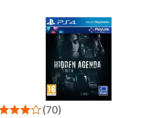Okładka gry PS4 "Hidden Agenda". Mroczna grafika z twarzami w tle i tytułem gry. Gra wymaga aplikacji mobilnej.