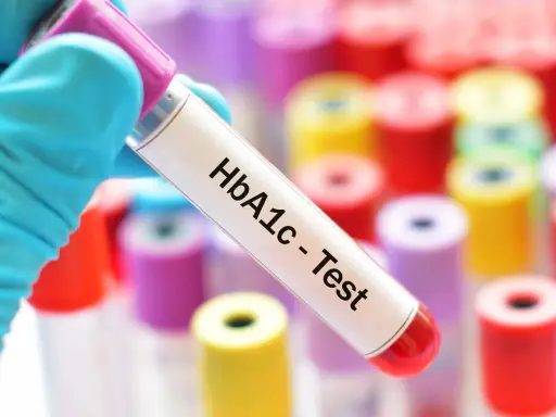 Rękawiczka trzyma probówkę z napisem "HbA1c - Test". W tle kolorowe probówki.