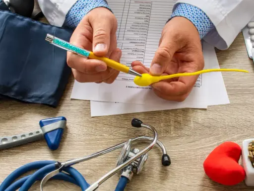 Lekarz analizuje formularz medyczny, trzymając model plemnika i długopis. Na stole leżą stetoskop, ciśnieniomierz, młoteczek neurologiczny i leki, sugerując dyskusję o skutkach ubocznych wazektomii.