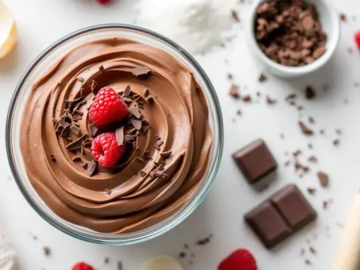 Mousse au chocolat sans jaune, onctueuse et aérienne, garnie de framboises fraîches et de copeaux de chocolat. Un délice léger et gourmand.