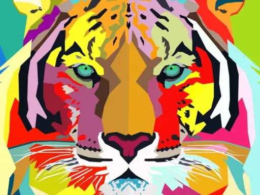 A vibrant, geometric tiger face in the style of easy pop art examples. Its eyes are a striking green, and the entire image bursts with bold, contrasting colors.