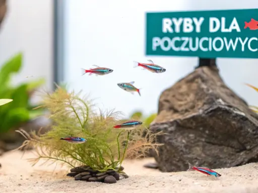 Małe, kolorowe rybki neonowe pływają w akwarium z piaskiem i roślinami.
