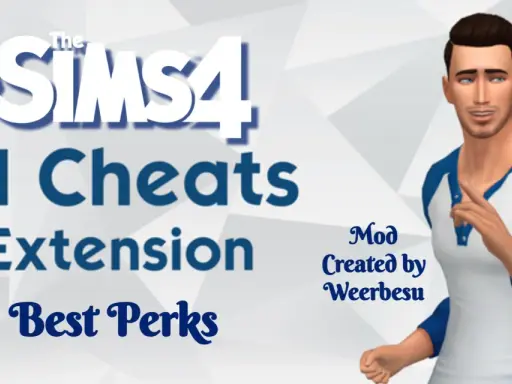 Grafika z napisem "The Sims 4 UI Cheats Extension" i postacią mężczyzny. Ten mod ułatwia grę.