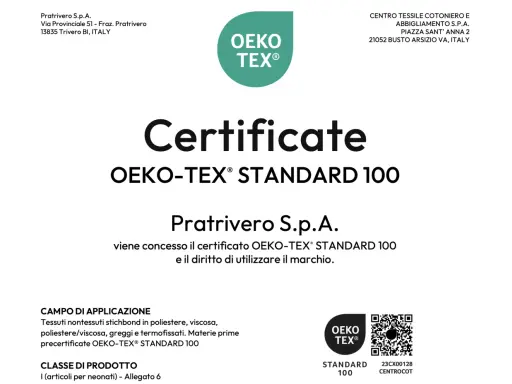 Certificato OEKO-TEX® STANDARD 100 per tessuti Pratrivero S.p.A. che garantisce l'assenza di sostanze nocive.