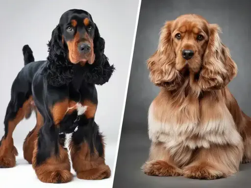 Un cocker anglais noir et feu et un cocker américain roux, deux races de chiens élégantes aux longues oreilles.