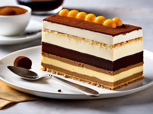 Tranche de tiramisu avec crème fouettée et mascarpone, garnie de billes dorées et de cacao. Un délice multicouche.
