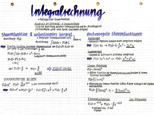 Stammfunktionen: Integralrechnung, Hauptsatz, Faktorregel, Summenregel, lineare Verkettung, Exponentialfunktion.