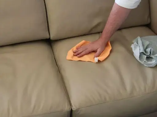 Mano che pulisce un divano in tessuto non sfoderabile con un panno arancione. Accanto, un panno grigio piegato.