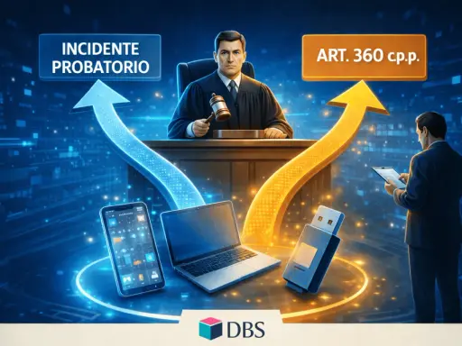 Giudice con martelletto, frecce blu e gialle, laptop, smartphone, chiavetta USB, testo "INCIDENTE PROBATORIO" e "ART. 360 c.p.p.".