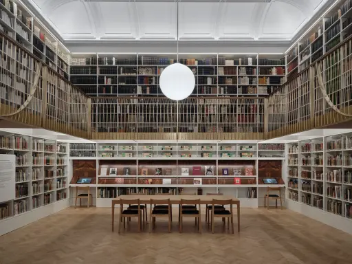 A grand library with towering bookshelves, a central reading table, and a modern globe light. This space feels like a capital photography center for learning.